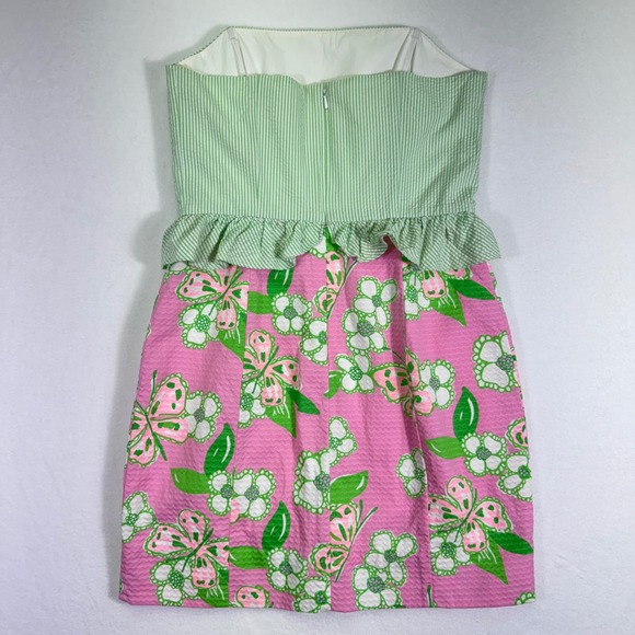 Lilly Pulitzer Strapless Dress Ruffle Pink Floral Seersucker Party Size 6 - READ - Picture 2 of 8